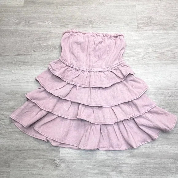 So Me Denim Strapless Tiered Ruffle Mini Dress Sz Small Smocked Mauve Pink - Picture 10 of 10
